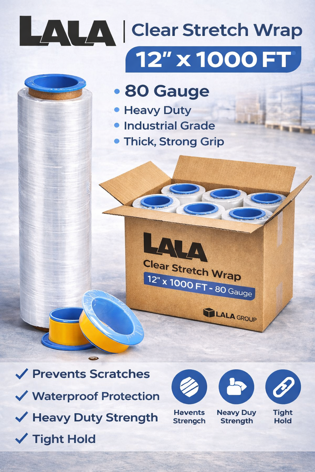 Clear Stretch Wrap Industrial Strength 12" x 1000 Ft - 80 Gauge Thick - Clear Plastic Cling, Stretch Film Rolls for Packaging Moving Packing Pallets